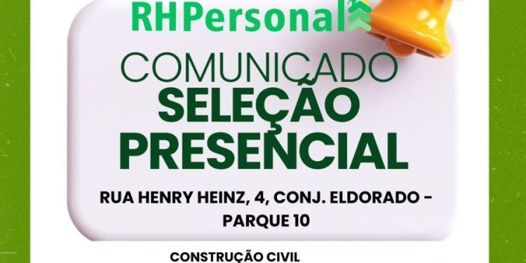 Participe da seleção presencial da RHPersonal em Manaus nesta sexta-feira (15/08/25) para vagas de servente, armador, auxiliar de ferragem e carpinteiro. Traga currículo e caneta. Processo gratuito e inclusivo.