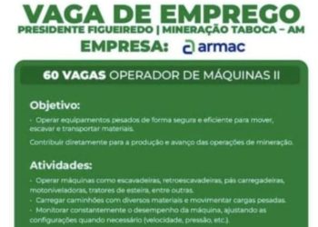 Vagas de Emprego em Presidente Figueiredo – Operador de Máquinas II na Mineração Taboca
