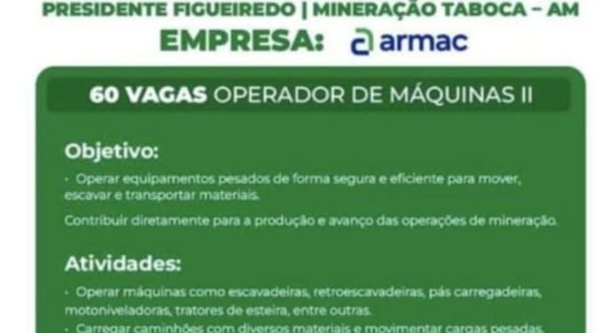 Vagas de Emprego em Presidente Figueiredo – Operador de Máquinas II na Mineração Taboca