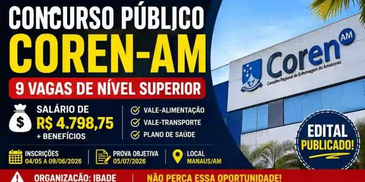 COREN-AM abre concurso 2026 com 9 vagas e salário de R$ 4.798