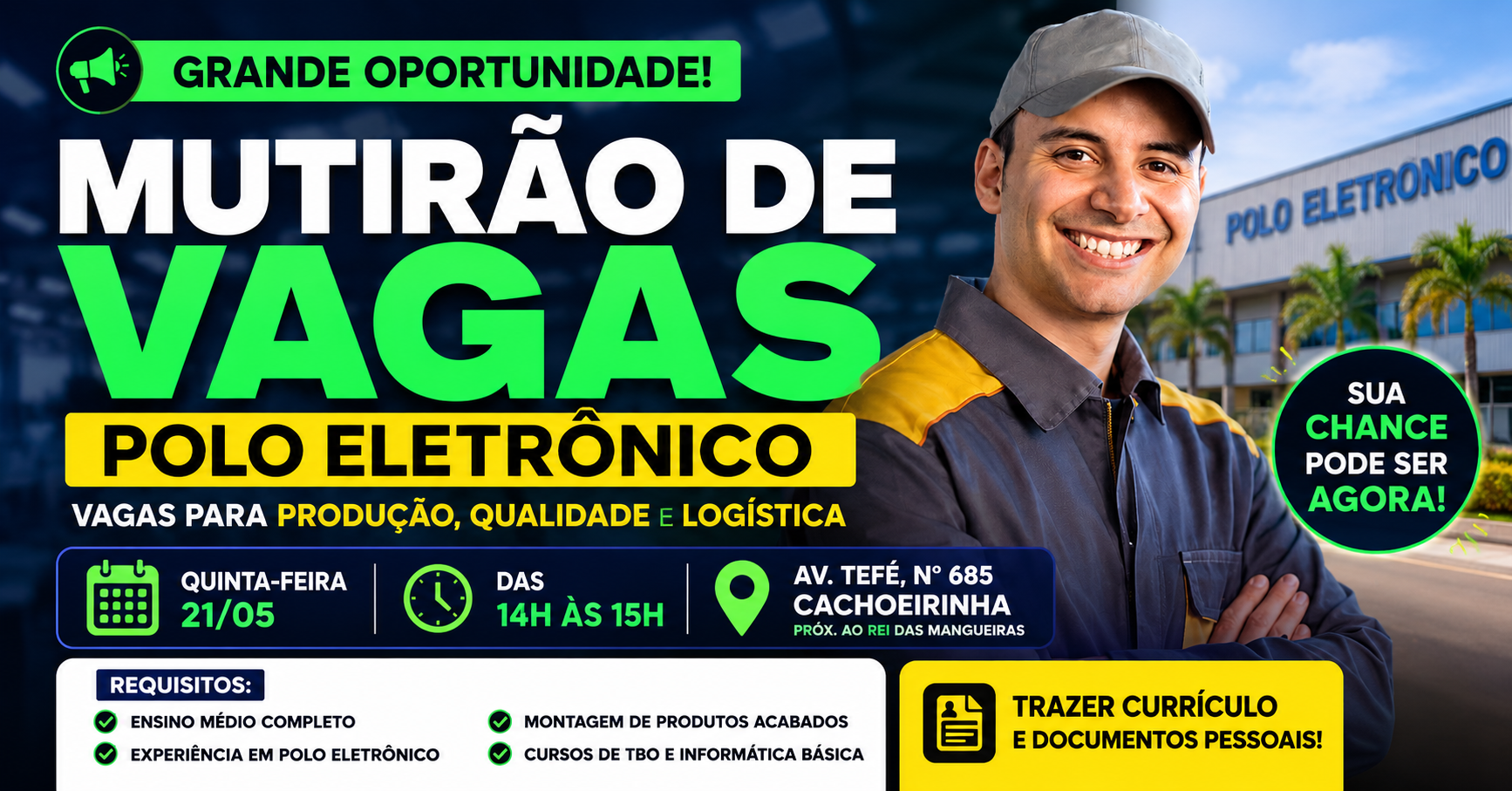 Mutirão de Vagas no Polo Eletrônico acontece em Manaus nesta quinta-feira (21/05)
