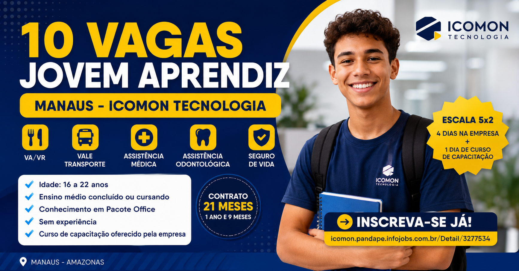 10 Vagas para Jovem Aprendiz na ICOMON Tecnologia em Manaus