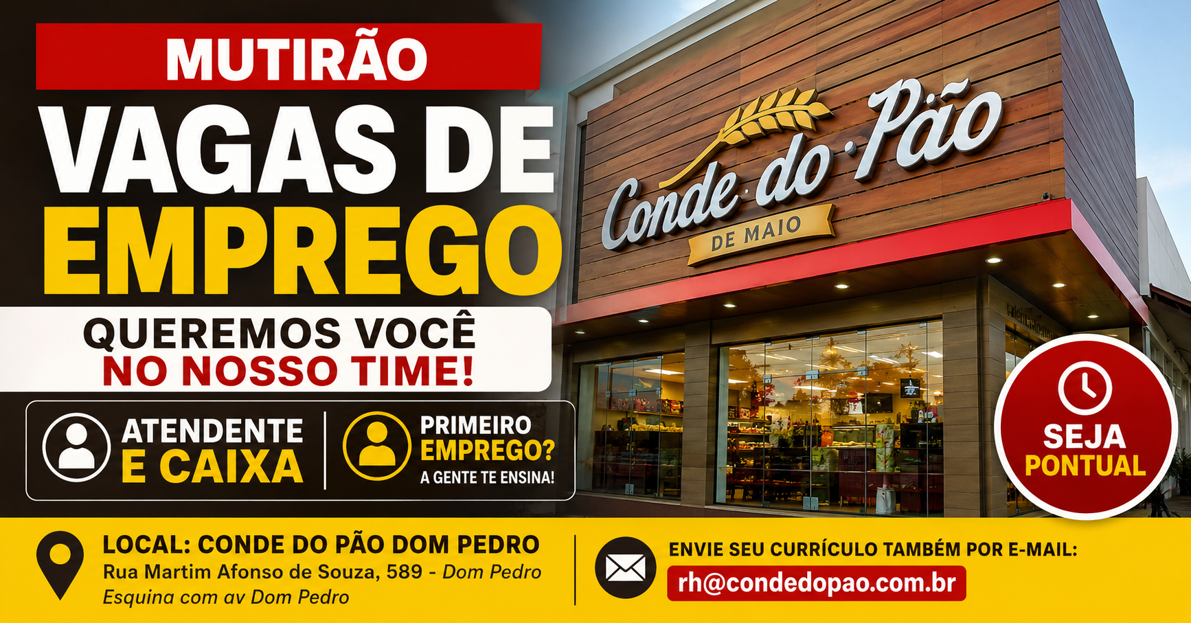 Conde do Pão realiza mutirão de vagas para Atendente e Caixa em Manaus; oportunidade para primeiro emprego e profissionais com experiência