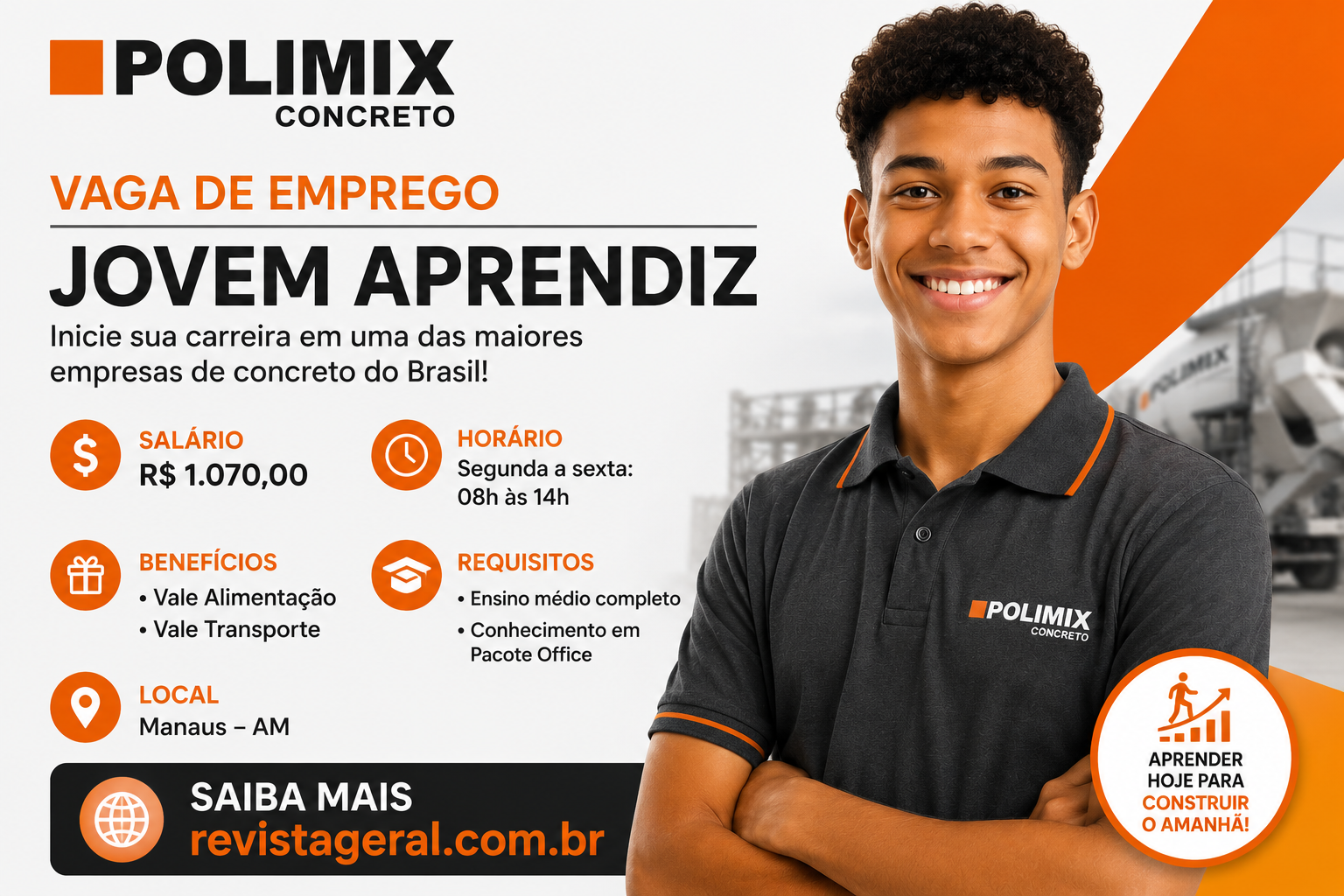 Jovem Aprendiz na Polimix Concreto: Vaga em Manaus com Salário de R$ 1.070