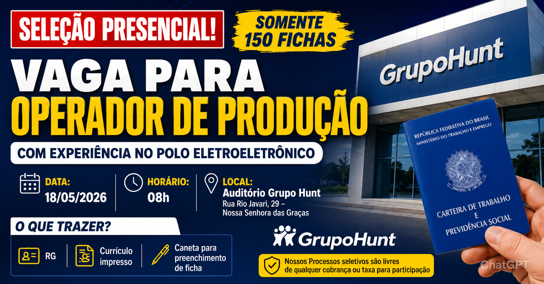 Grupo Hunt abre seleção presencial para Operador de Produção em Manaus com 150 fichas disponíveis