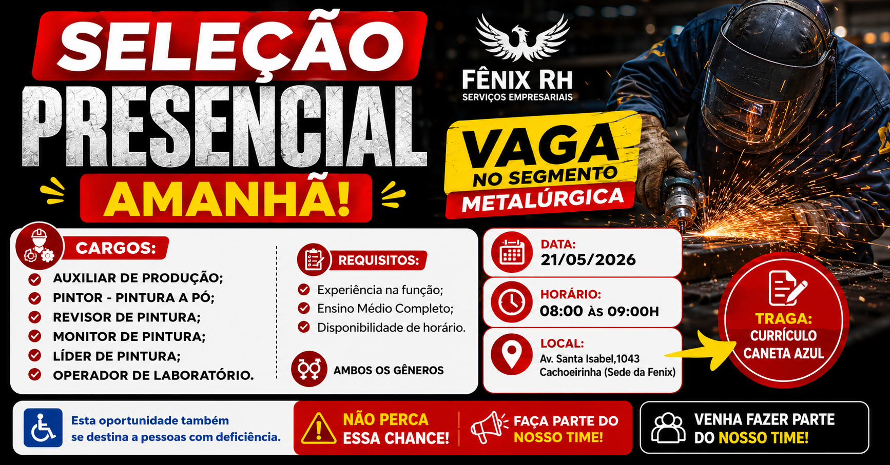 Seleção presencial da Fênix RH abre vagas metalúrgicas em Manaus