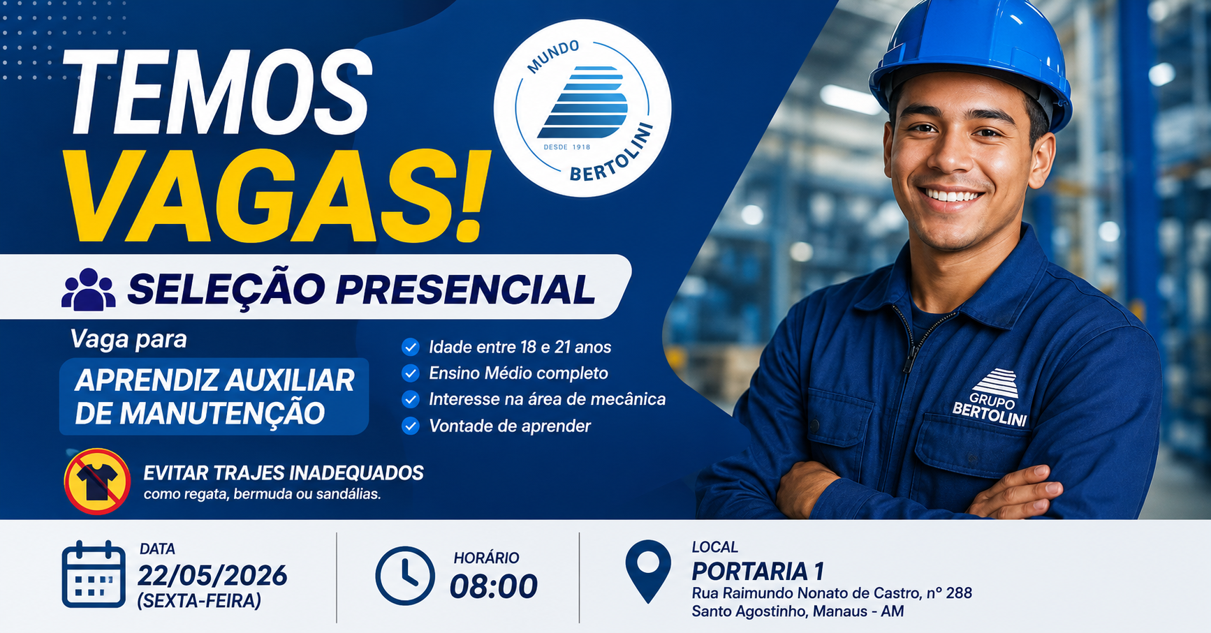 Grupo Bertolini abre seleção para Aprendiz Auxiliar de Manutenção em Manaus