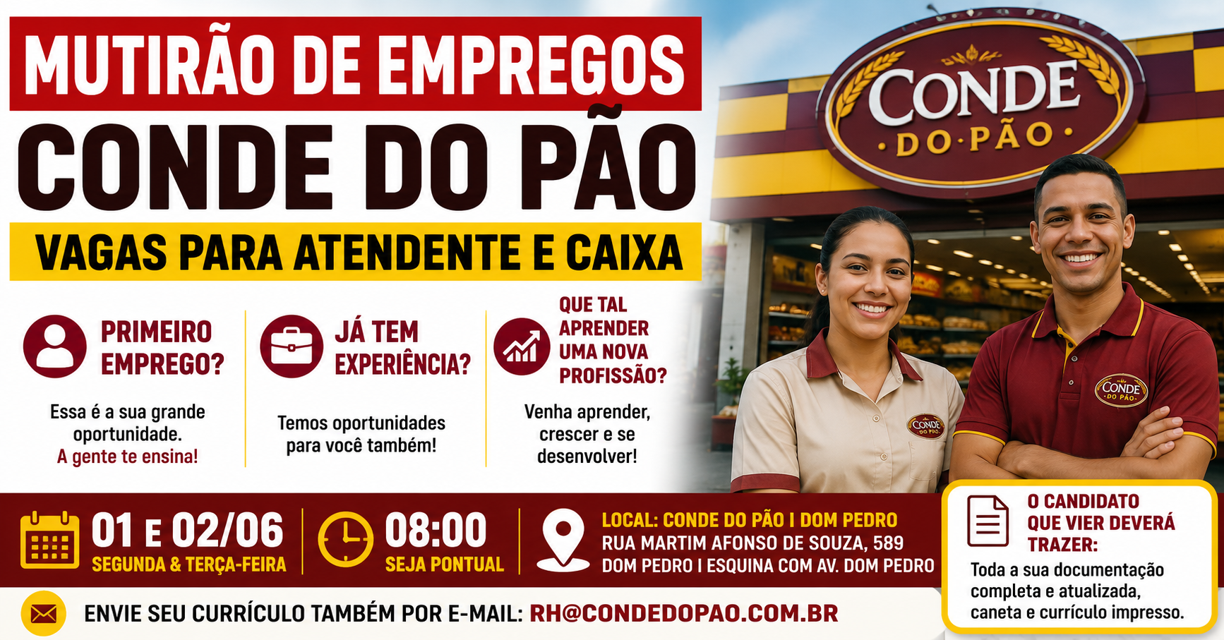 Mutirão de Empregos em Manaus: Conde do Pão Abre Vagas para Atendente e Caixa