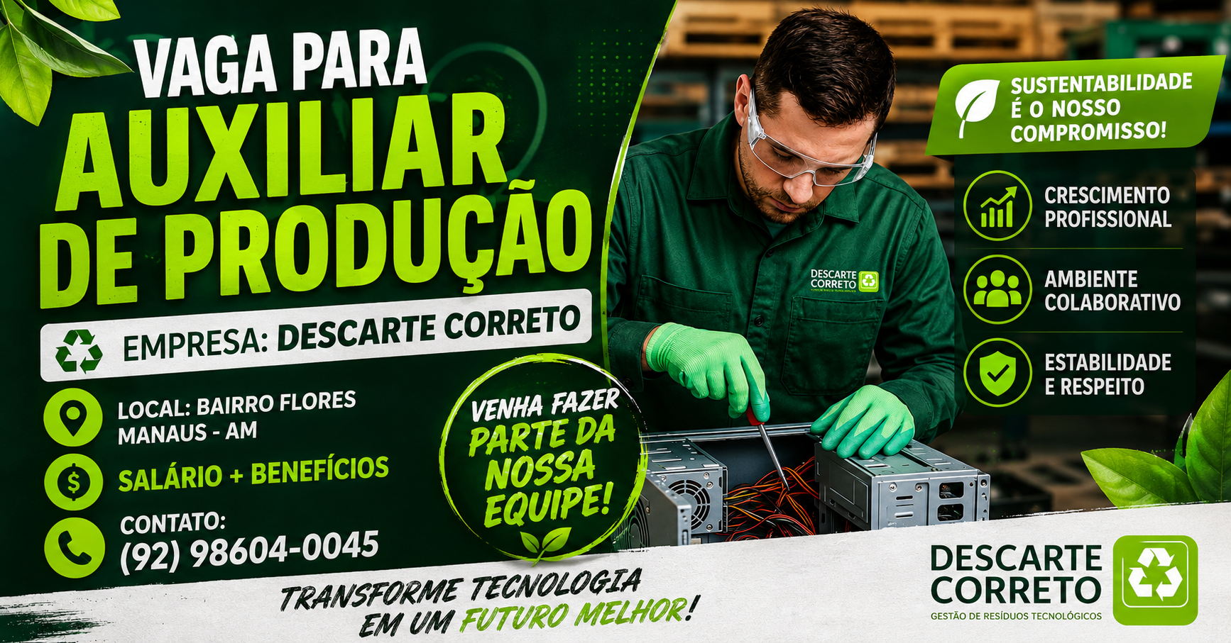 Vaga para Auxiliar de Produção em Manaus no Bairro Flores