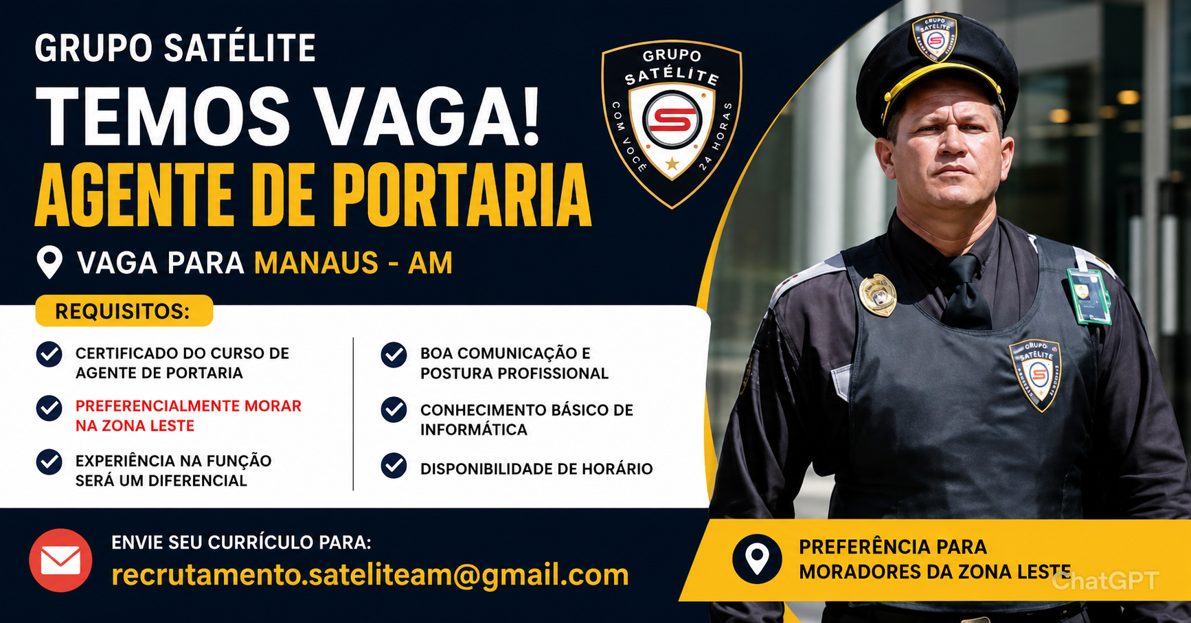 Grupo Satélite abre vaga para Agente de Portaria em Manaus; saiba como enviar currículo