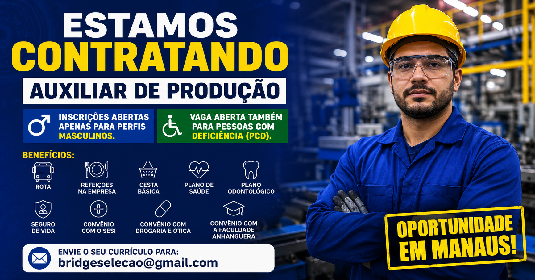 Auxiliar de Produção em Manaus: Empresa abre vagas com benefícios e oportunidade para PCD