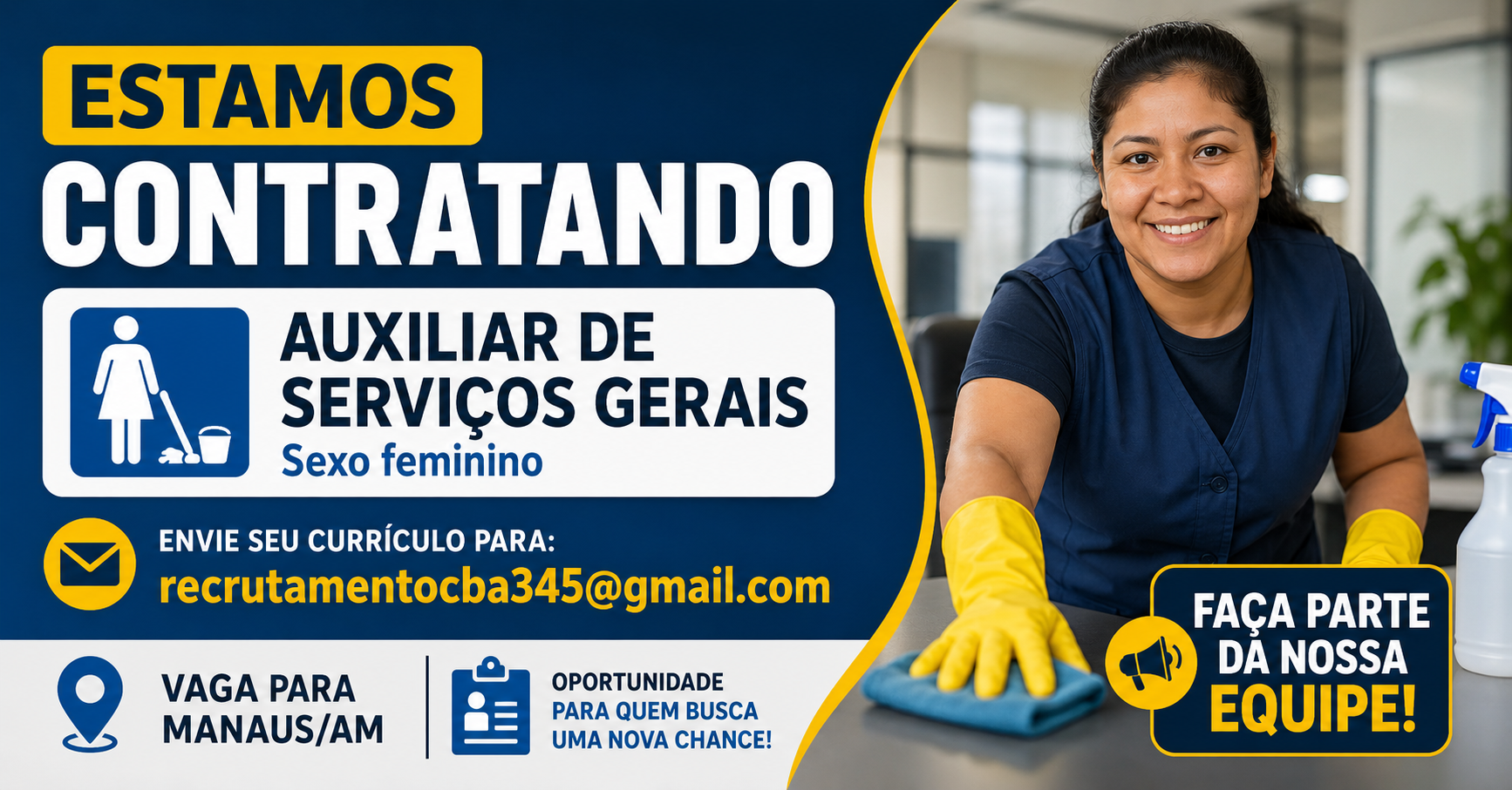 Empresa abre vaga para Auxiliar de Serviços Gerais em Manaus; veja como enviar currículo