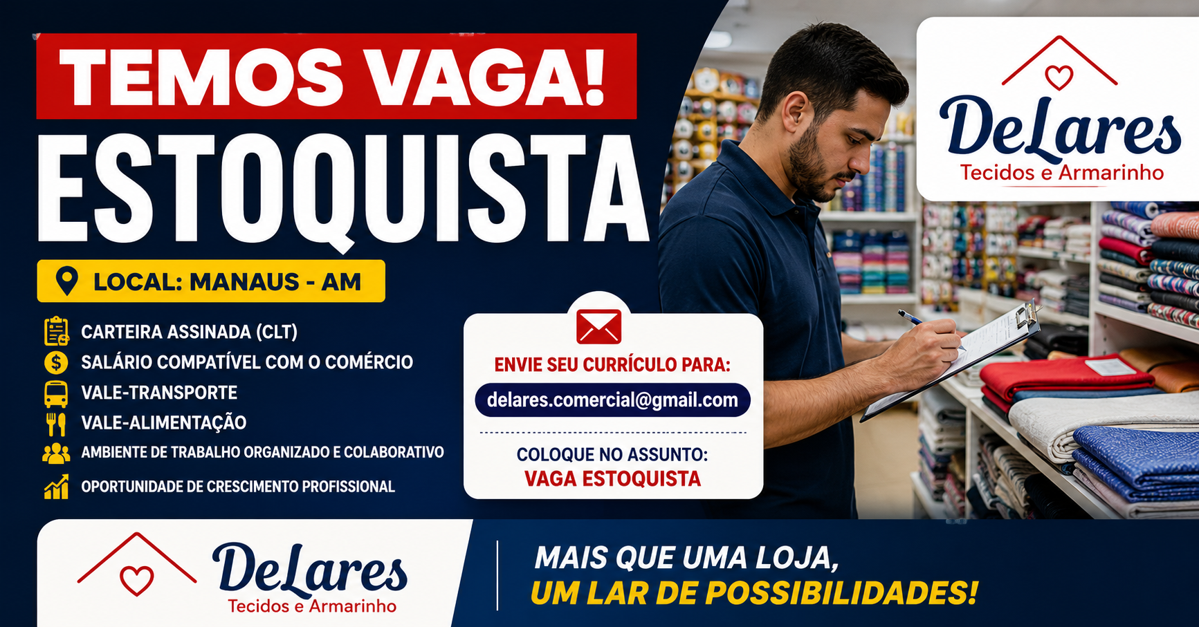 Vaga de Estoquista em Manaus: DeLares Tecidos e Armarinho Contrata com Benefícios