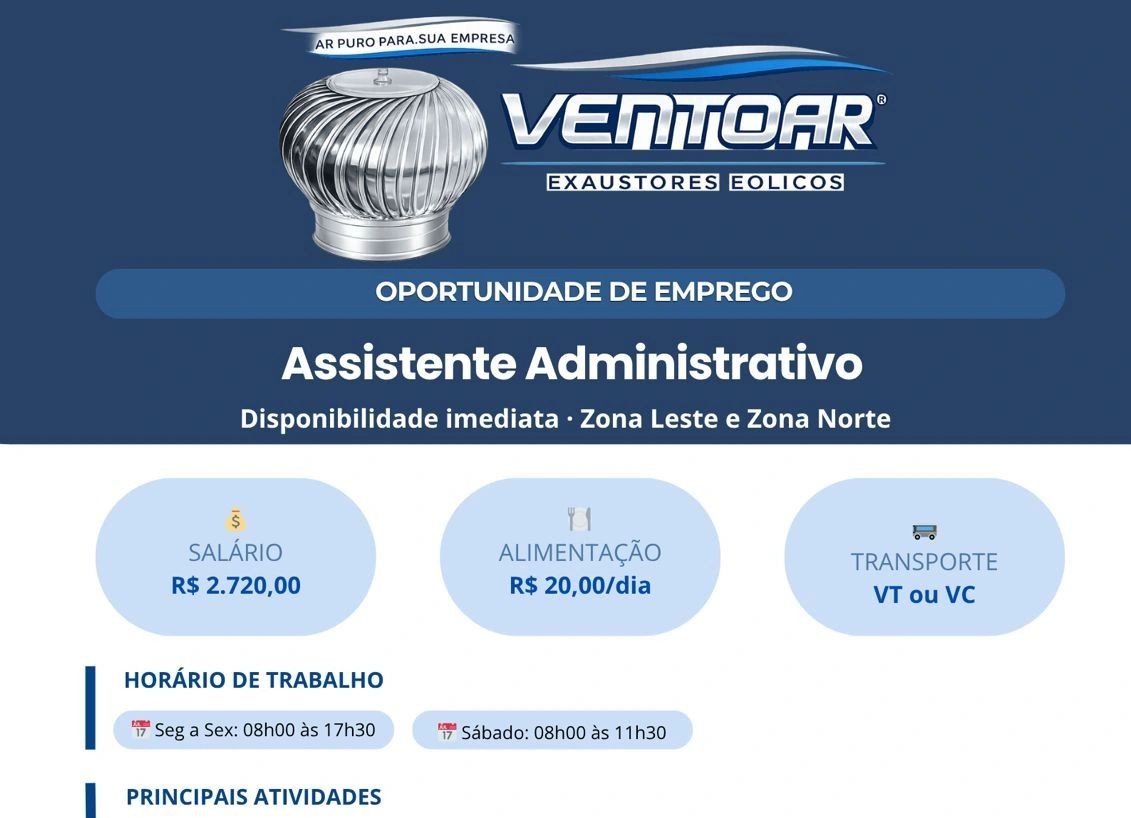 Assistente Administrativo em Manaus com salário de R$ 2.720