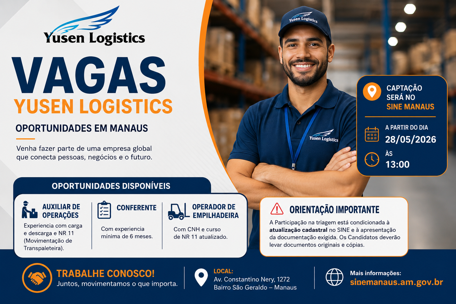 Yusen Logistics abre vagas para Auxiliar de Operações, Conferente e Operador de Empilhadeira em Manaus