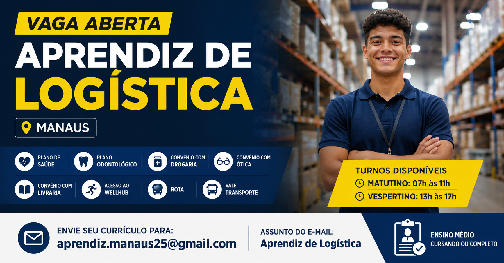 Aprendiz de Logística: Empresa Abre Vaga em Manaus com Benefícios como Plano de Saúde, Vale Transporte e Rota