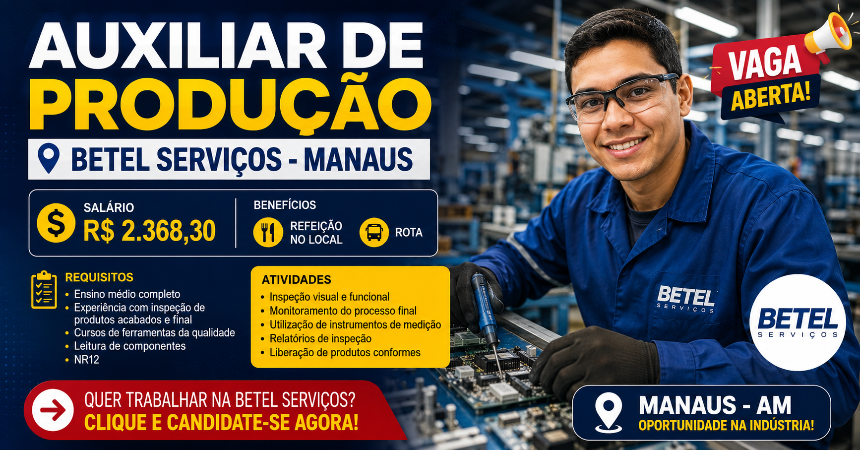 Auxiliar de Produção na Betel Serviços em Manaus: Salário de R$ 2.368