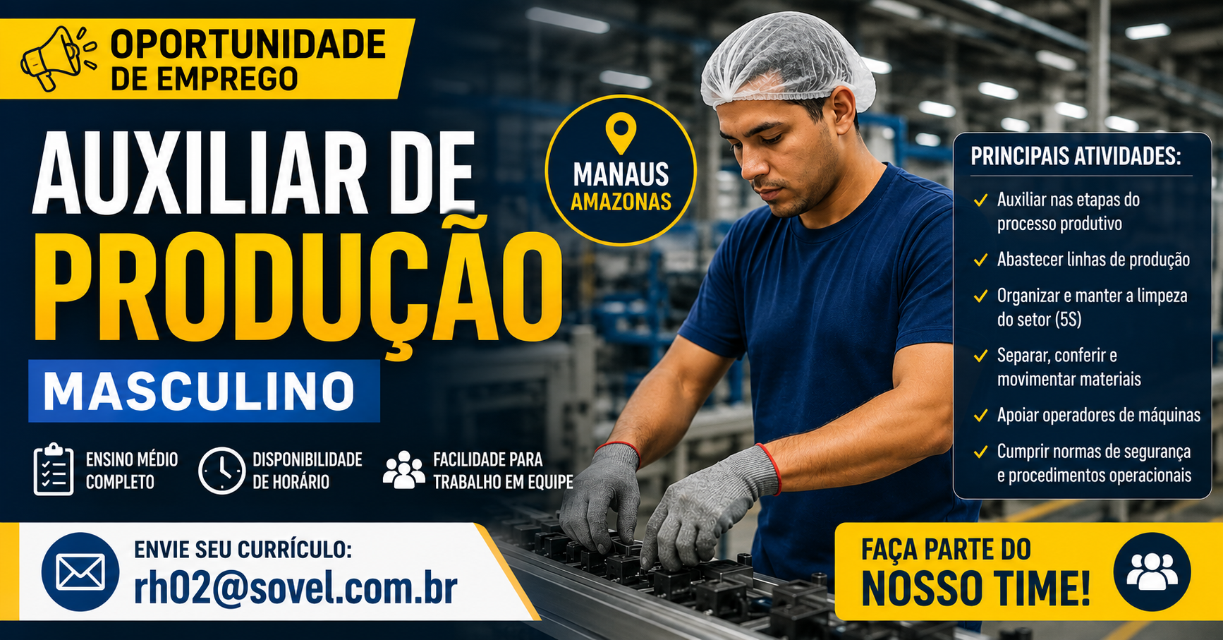 Auxiliar de Produção Masculino: Empresa Abre Vaga em Manaus com Envio de Currículo por E-mail