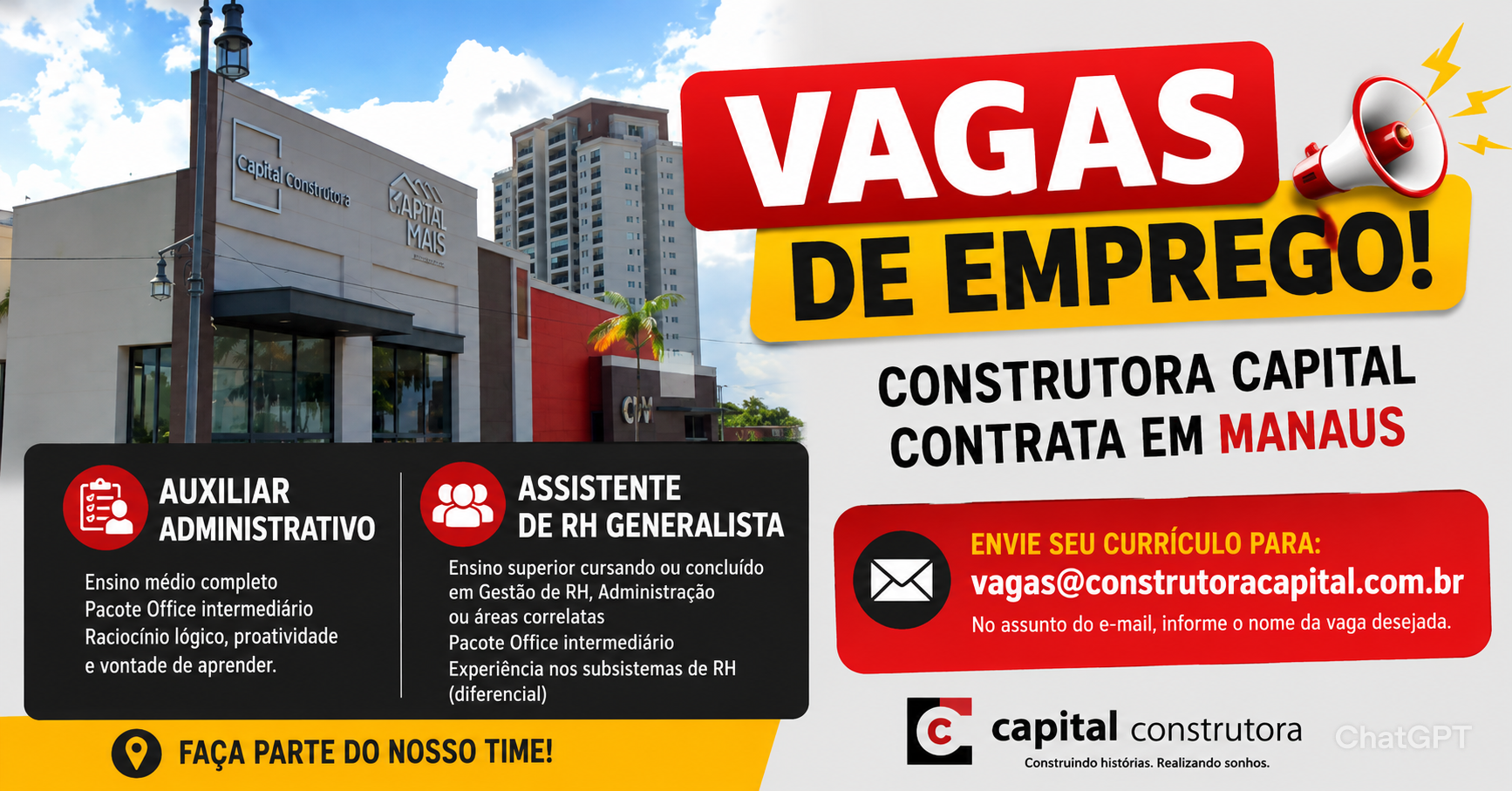 Construtora Capital abre vagas para Auxiliar Administrativo e RH em Manaus