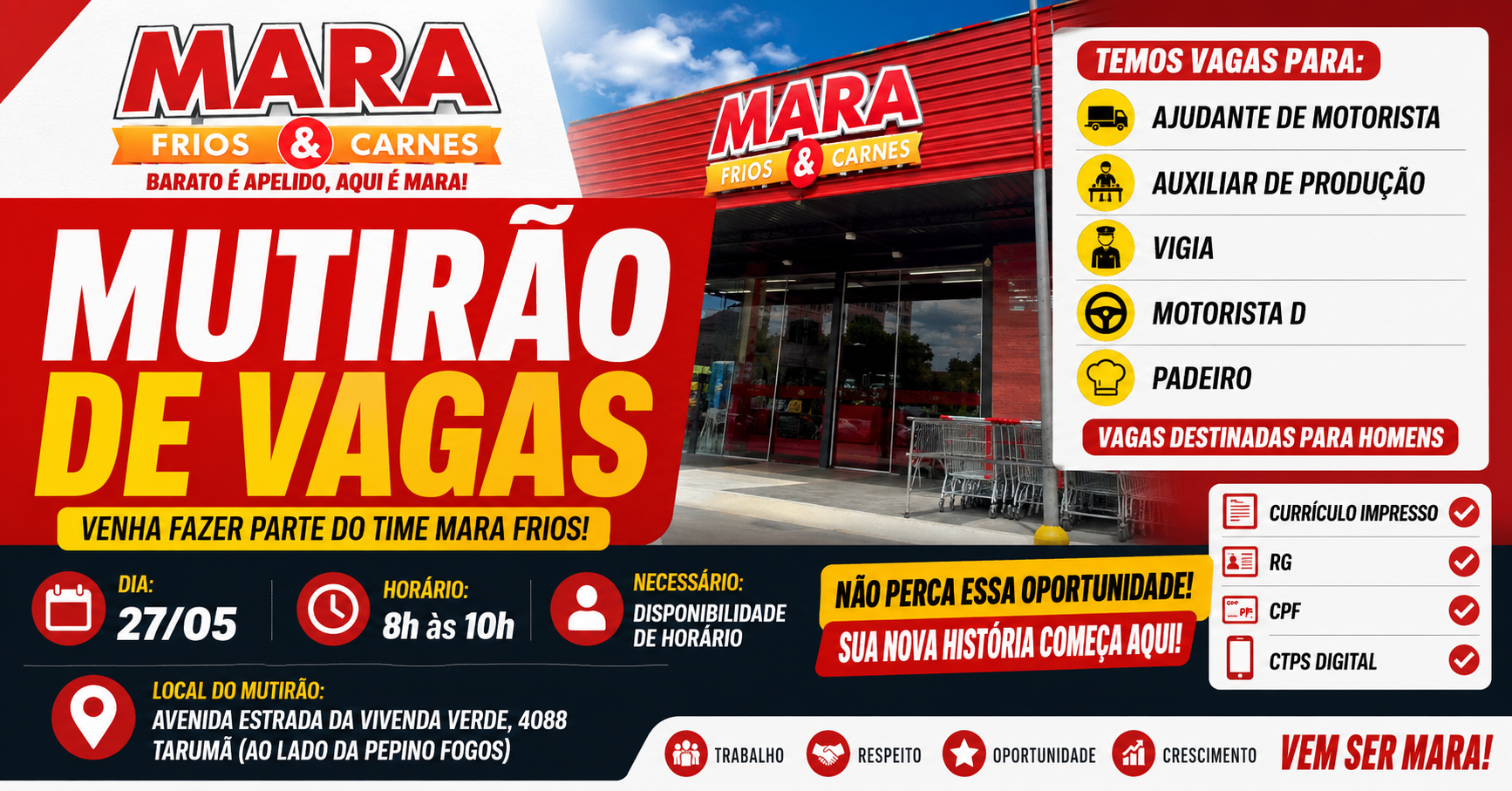 Mutirão de Vagas na Mara Frios & Carnes em Manaus oferece oportunidades para Ajudante de Motorista, Produção, Vigia, Motorista D e Padeiro nesta terça (27)