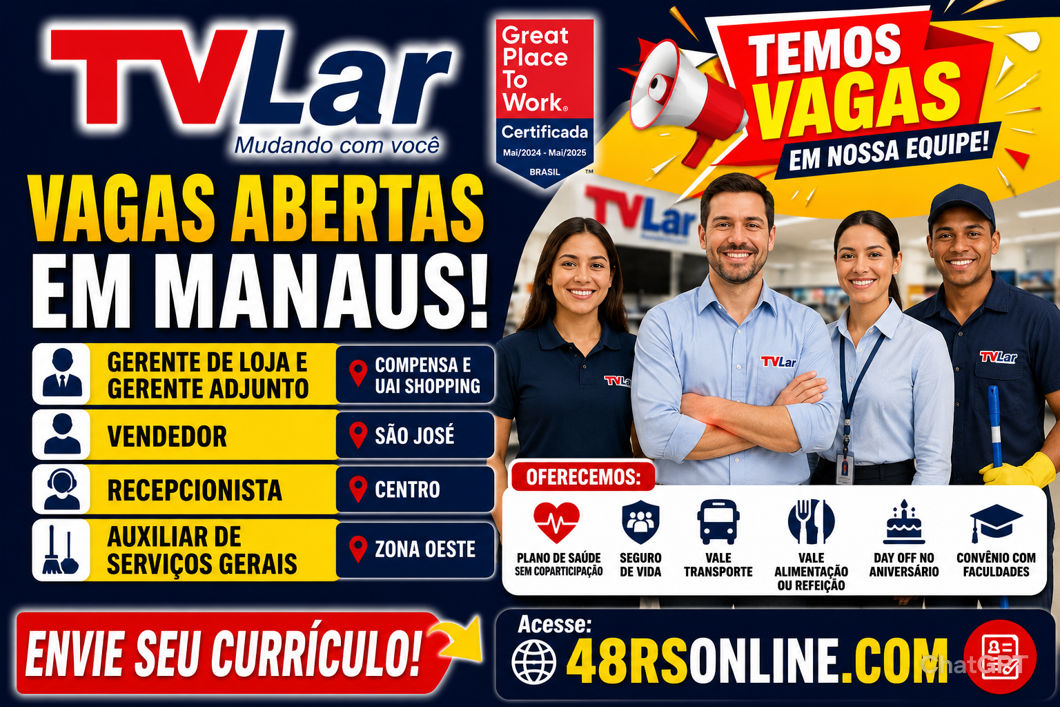 TVLar abre vagas para Gerente, Vendedor, Recepcionista e Serviços Gerais em Manaus