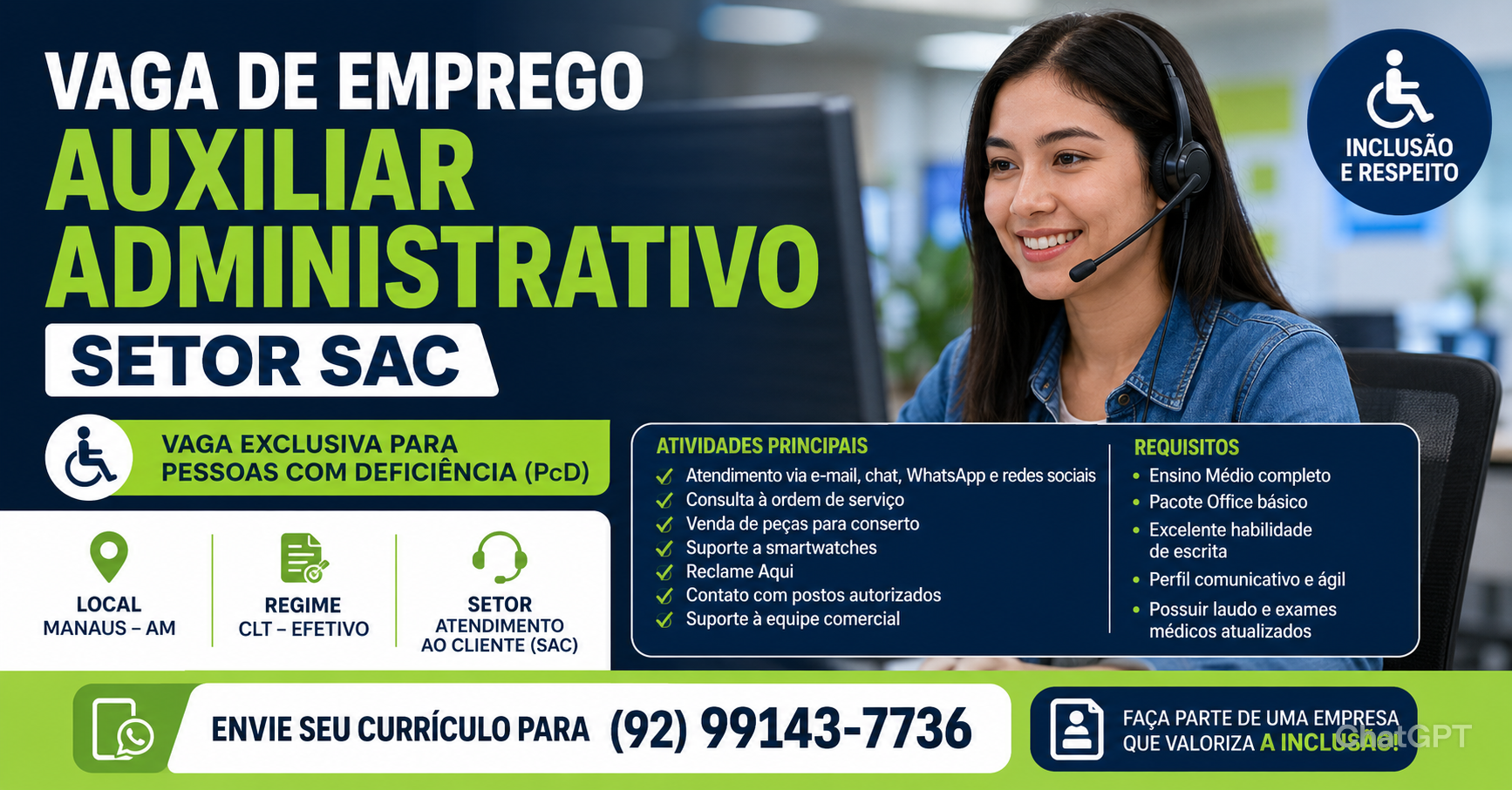 Auxiliar Administrativo (PcD) em Manaus: Empresa Abre Vaga Efetiva para Setor SAC