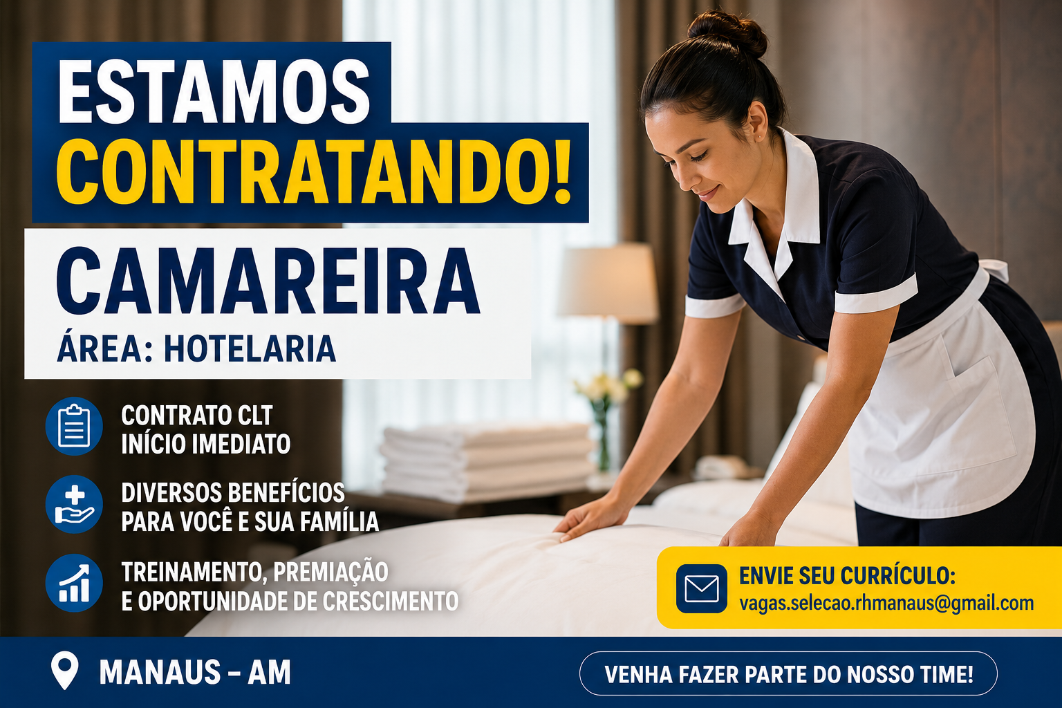Camareira em Manaus: Empresa Contrata com Início Imediato, Benefícios e Plano de Crescimento