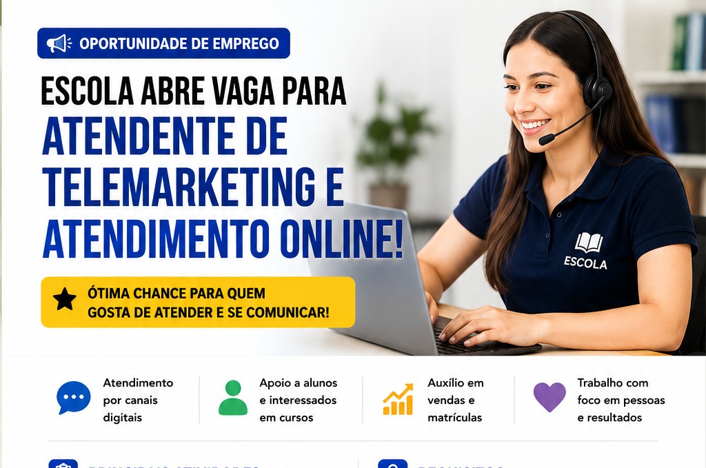 Atendente de Telemarketing e Atendimento Online: Escola Abre Vaga de Emprego