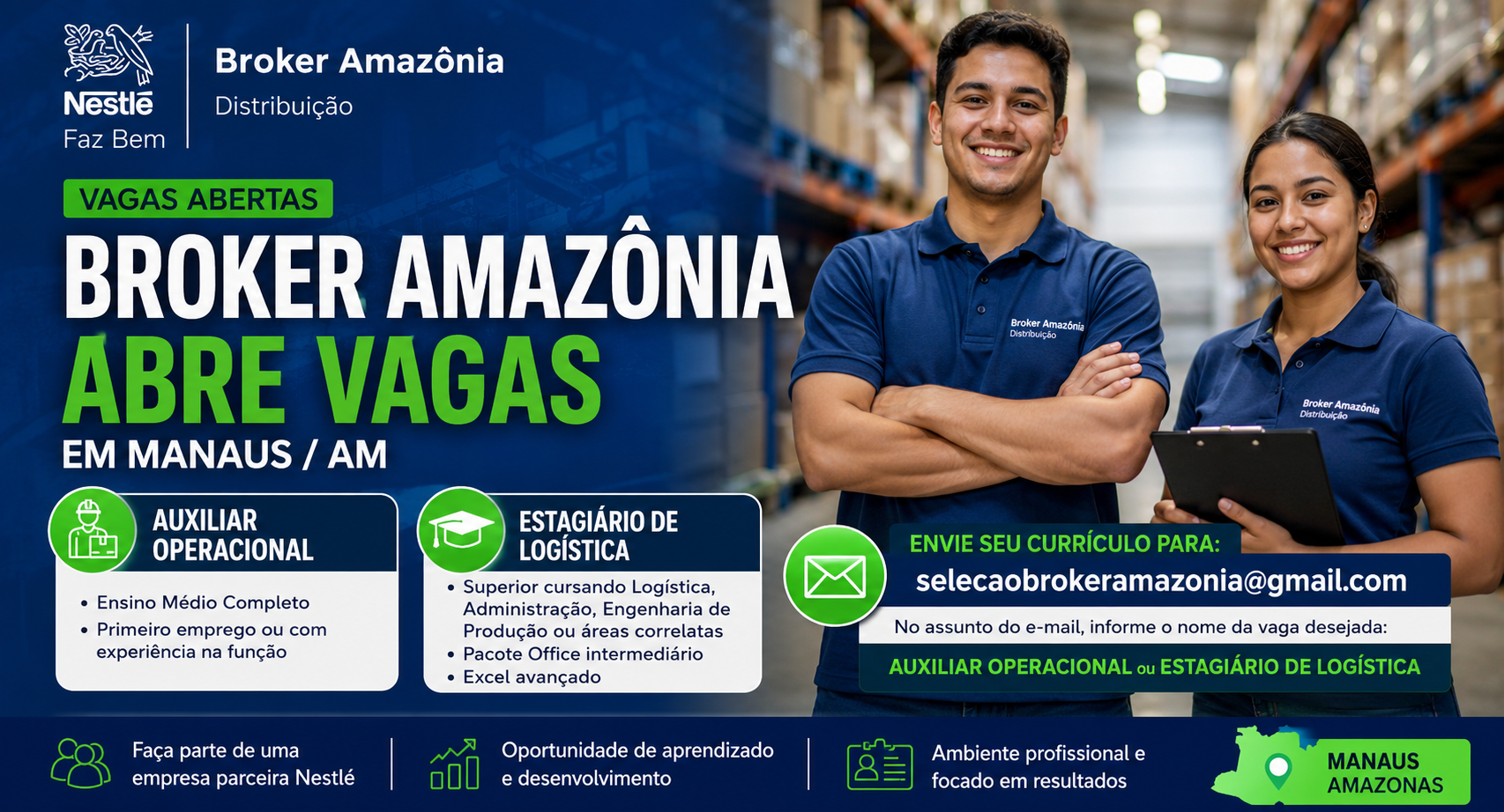 Broker Amazônia abre vagas para Auxiliar Operacional e Estagiário de Logística em Manaus