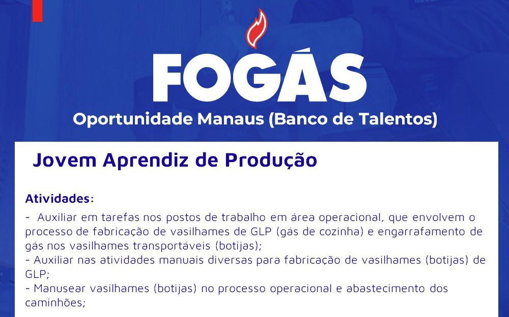 Fogás abre Banco de Talentos para Jovem Aprendiz de Produção em Manaus; veja como se candidatar