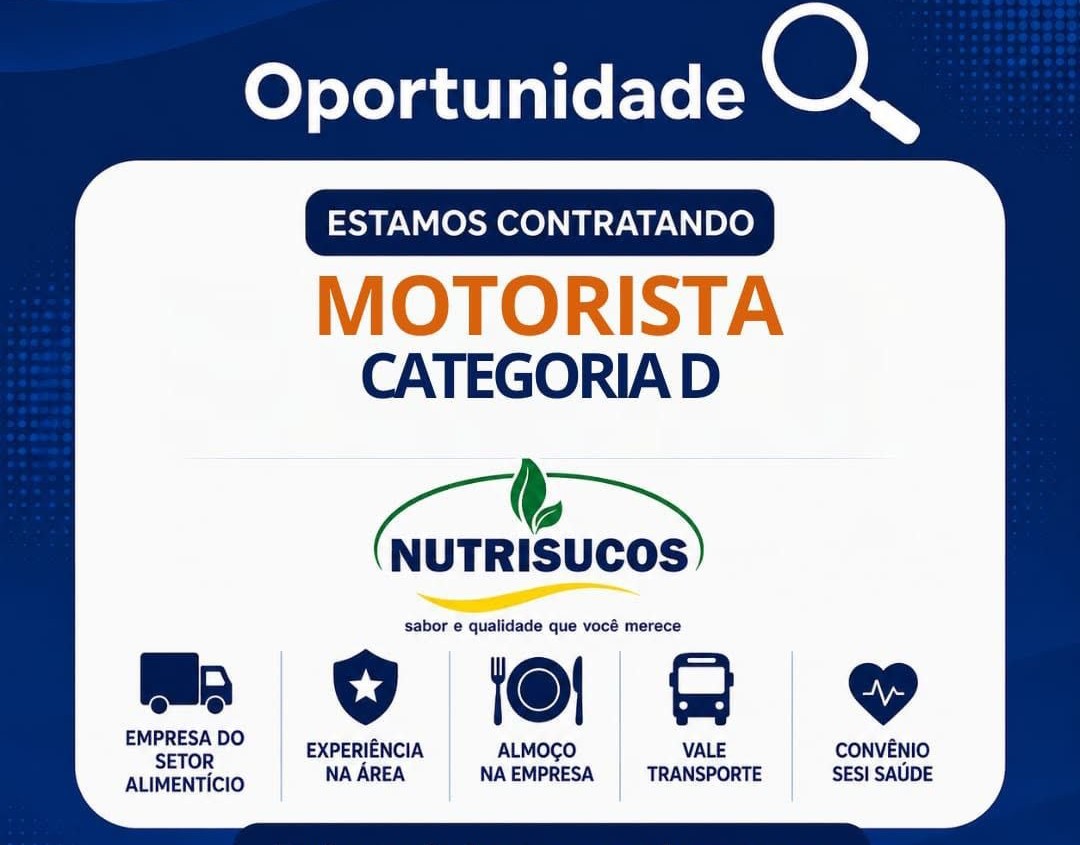 Vaga de Motorista Categoria D: Nutrisucos está contratando