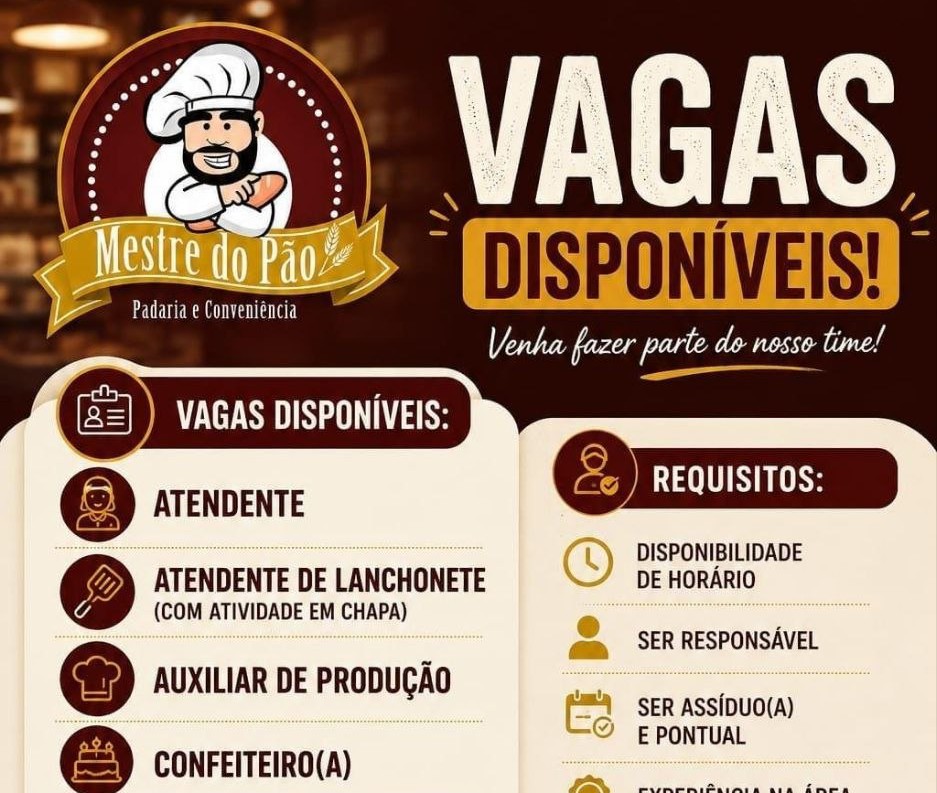 Mestre do Pão abre vagas de emprego para Atendente e outras funções