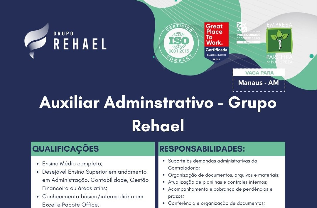 Grupo Rehael abre vaga para Auxiliar Administrativo; veja como se candidatar