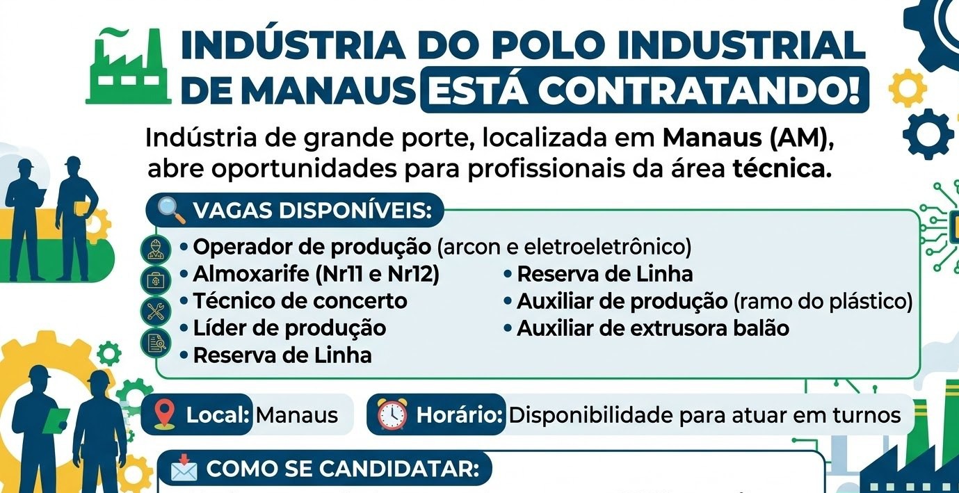 Indústria do Polo Industrial de Manaus abre vagas para Operador, Almoxarife e mais