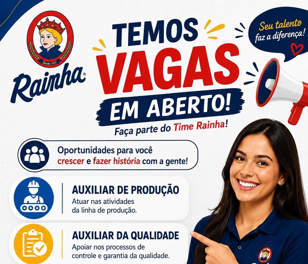 Rainha Isabel abre vagas de emprego para Auxiliar de Produção, Qualidade, Vendedor e Promotor